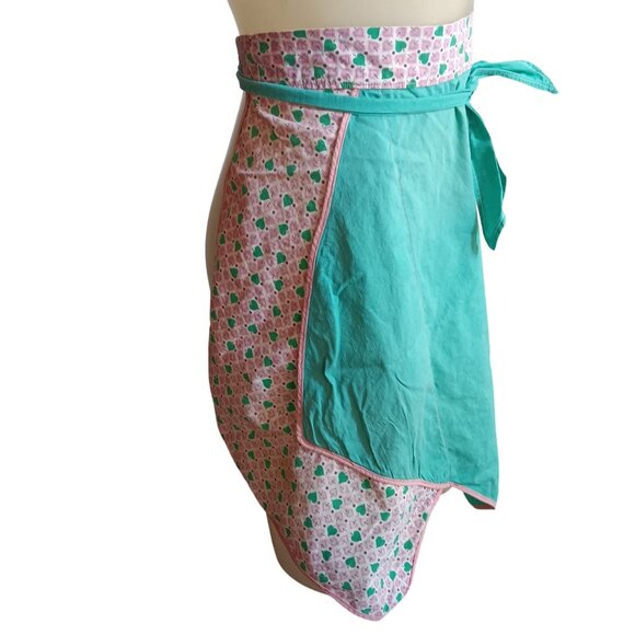 Vintage 1950's Handmade Half Apron Heart Print Teal Pink & Green Kitchenwear - Picture 2 of 6